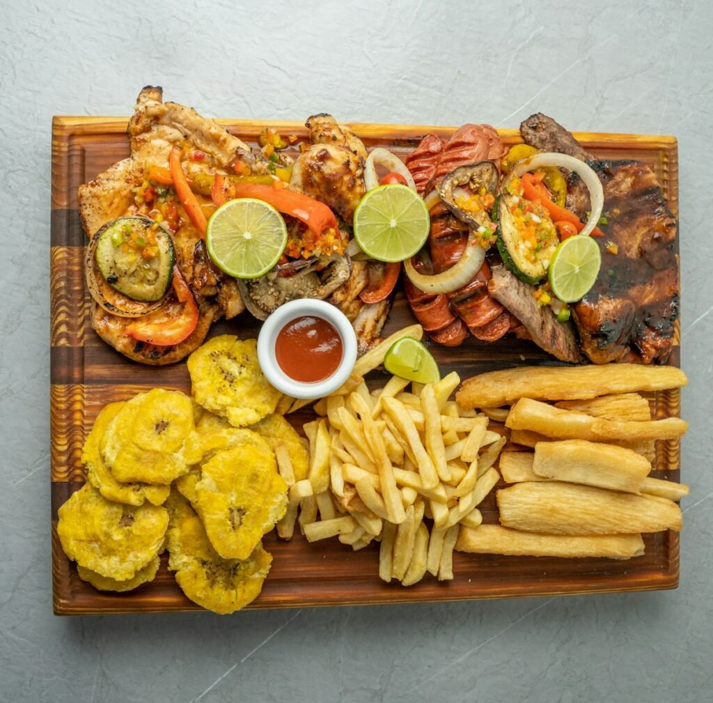 a wooden platter filled with different types of food